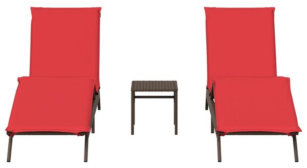 2 db barna polyrattan napozóágy asztallal