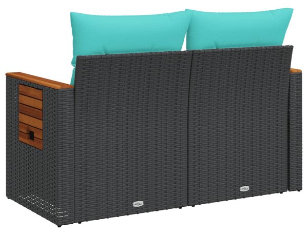Kétszemélyes fekete polyrattan kerti kanapé párnákkal