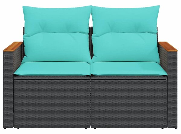 Kétszemélyes fekete polyrattan kerti kanapé párnákkal