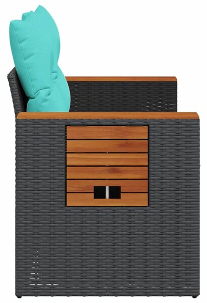 Kétszemélyes fekete polyrattan kerti kanapé párnákkal