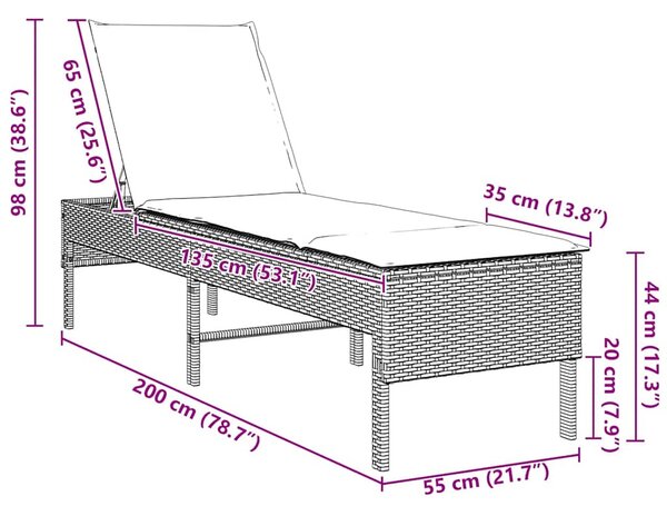 Bézs polyrattan napozóágy párnával 55x200x44 cm