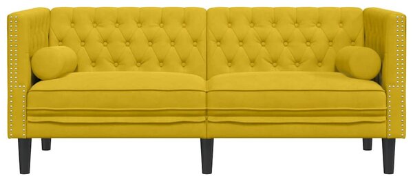 2 személyes sárga bársony Chesterfield kanapé hengerpárnákkal