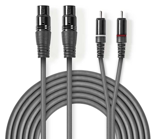 Nedis XLR 3-Pin Aljzat x2, RCA Dugasz x2, PVC, nikkelezett, szimmetrikus audió kábel, 1.5m, sötét szürke (COTH15230GY15)