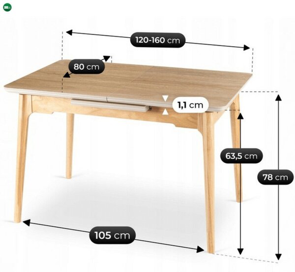 Kihúzható kerámia étkezőasztal 120–160 cm méretben, tölgy színben SAMER