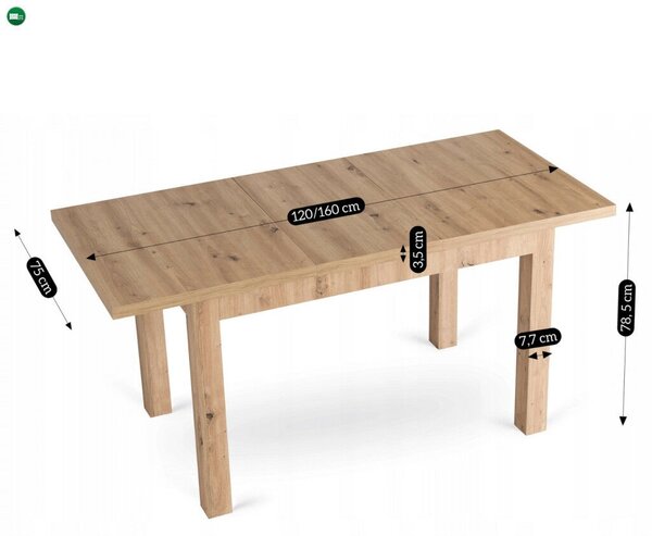 Kihúzható étkezőasztal 120–160 cm méretben, artisan tölgy színben SKUBI