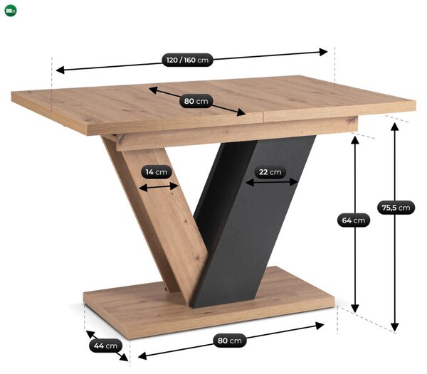 Kihúzható étkezőasztal 120–160 cm méretben, artisan tölgy/fekete színben CLARK