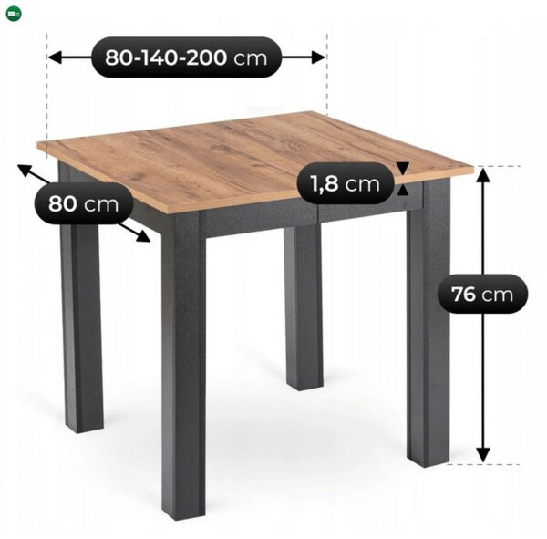 Kihúzható étkezőasztal 80–200 cm méretben, craft tölgy/fekete színben BEN