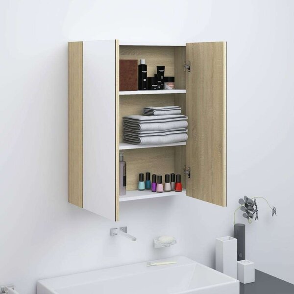 VidaXL fehér és tölgy MDF tükrös fürdőszobaszekrény 60 x 15 x 75 cm