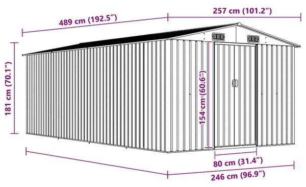Antracitszürke fém kerti fészer 257 x 489 x 181 cm