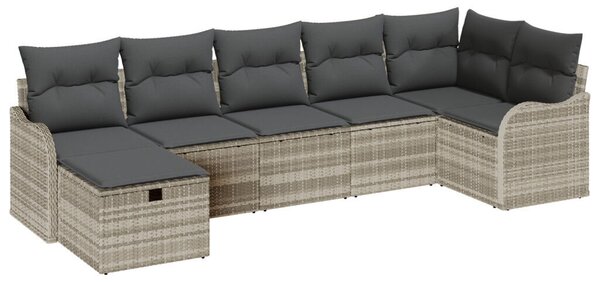 7 részes kerti kanapé szett párnákkal világosszürkében poli rattan, 2 fős kerti kanapé párnákkal világosszürkében poli rattan