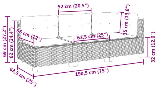 3 személyes bézs polyrattan kerti kanapé párnával