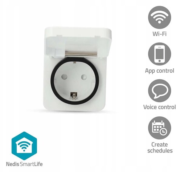 Nedis WIFIPO130FWT kültéri okos konnektor, Wi-Fi, IP44, fogyasztás mérő, 3680 W, földelt érintkező, Android™ / IOS