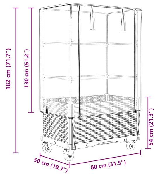 Rattan megjelenésű magaságyás borítással/kerékkel 80x50x182 cm