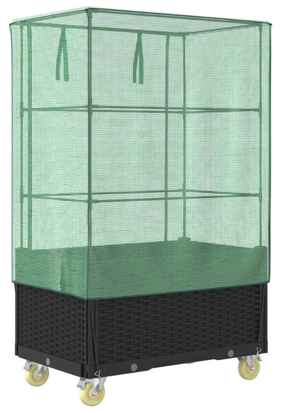 Rattan megjelenésű magaságyás borítással/kerékkel 80x50x182 cm