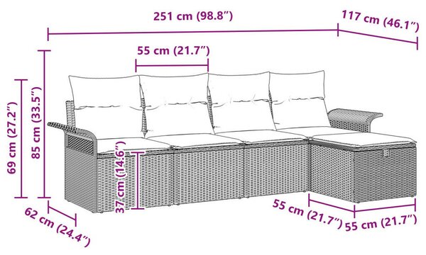 5 részes kertkanapé szett párnákkal világos szürke poli rattan