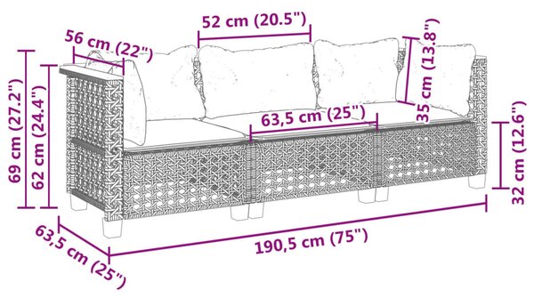 3 személyes bézs polyrattan kerti kanapé párnával