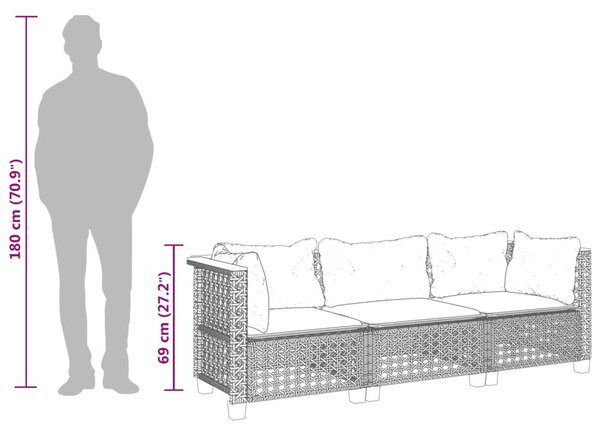 3 személyes bézs polyrattan kerti kanapé párnával