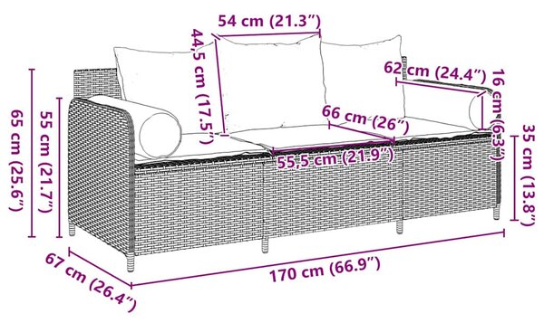 3 személyes bézs polyrattan kerti kanapé párnával