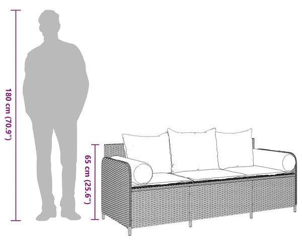 3 személyes bézs polyrattan kerti kanapé párnával