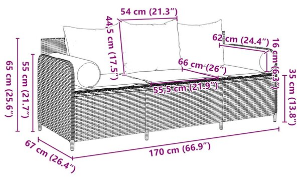 Fekete 3 személyes polyrattan kerti kanapé párnákkal