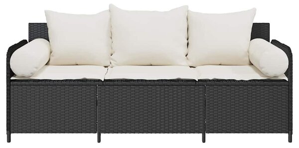 Fekete 3 személyes polyrattan kerti kanapé párnákkal