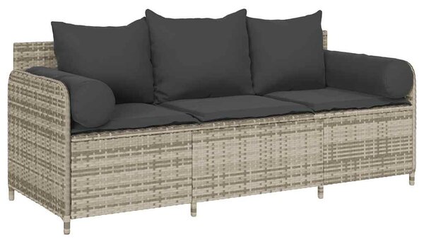 3 személyes világosszürke polyrattan kerti kanapé párnával