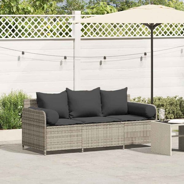 3 személyes világosszürke polyrattan kerti kanapé párnával