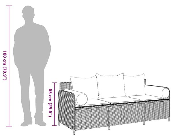 3 személyes világosszürke polyrattan kerti kanapé párnával