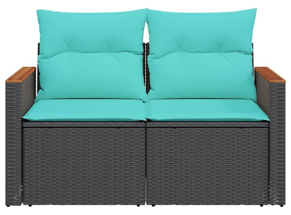 Kétszemélyes fekete polyrattan kerti kanapé párnákkal