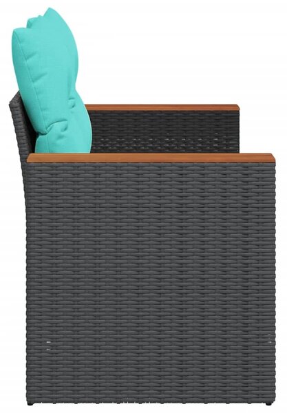 Kétszemélyes fekete polyrattan kerti kanapé párnákkal