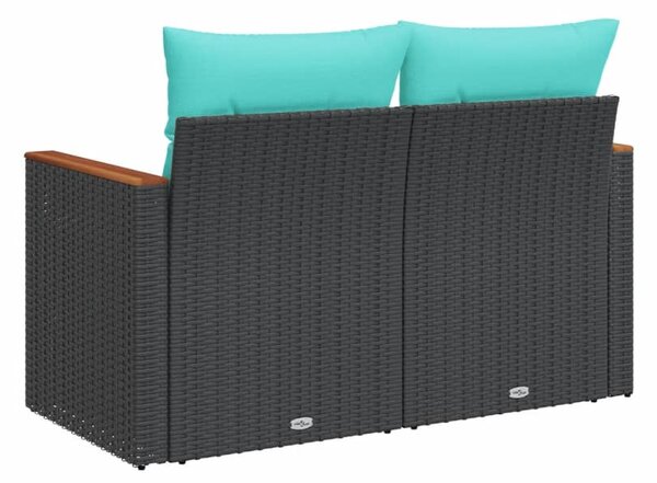 Kétszemélyes fekete polyrattan kerti kanapé párnákkal