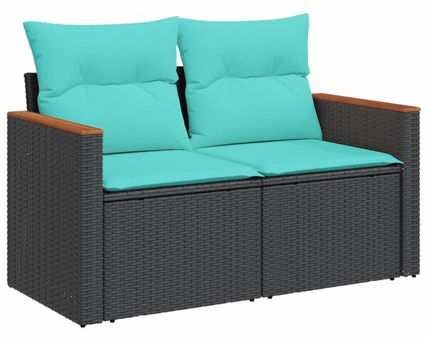 Kétszemélyes fekete polyrattan kerti kanapé párnákkal