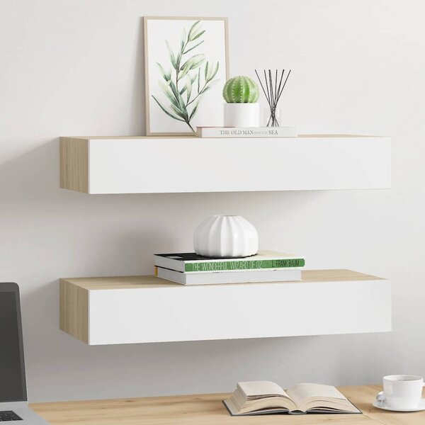 2 db tölgyfa és fehér fali fiókos polc 60 x 23,5 x 10 cm MDF