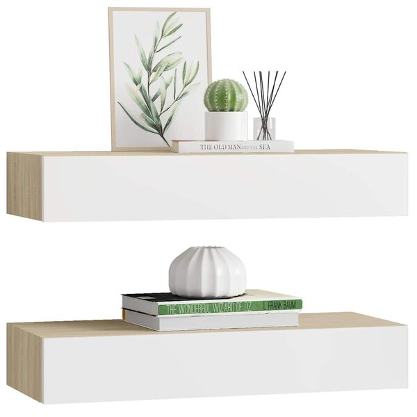 2 db tölgyfa és fehér fali fiókos polc 60 x 23,5 x 10 cm MDF