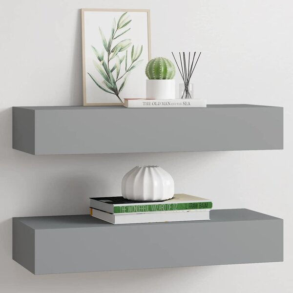 2 db szürke MDF falra szerelhető fiókos polc 60 x 23,5 x 10 cm