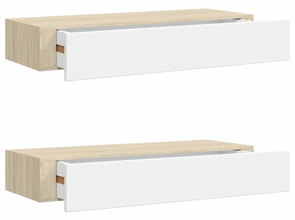 2 db tölgyfa és fehér fali fiókos polc 60 x 23,5 x 10 cm MDF