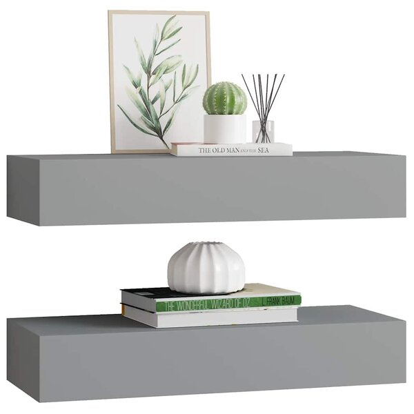 2 db szürke MDF falra szerelhető fiókos polc 60 x 23,5 x 10 cm