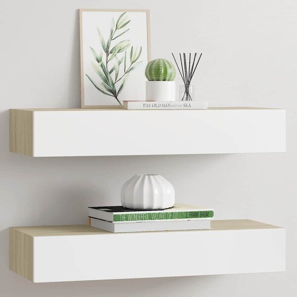 2 db tölgyfa és fehér fali fiókos polc 60 x 23,5 x 10 cm MDF