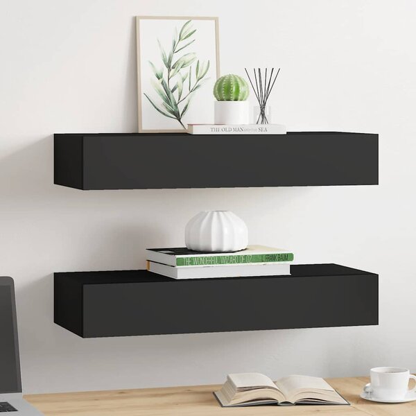 2 db fekete MDF falra szerelhető fiókos polc 60 x 23,5 x 10 cm
