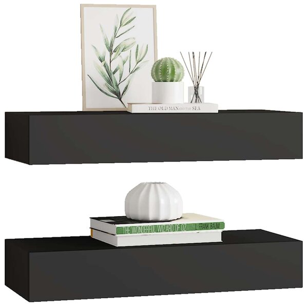 2 db fekete MDF falra szerelhető fiókos polc 60 x 23,5 x 10 cm