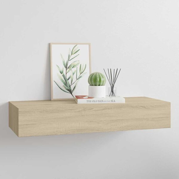Tölgyszínű MDF falra szerelhető fiókos polc 60 x 23,5 x 10 cm