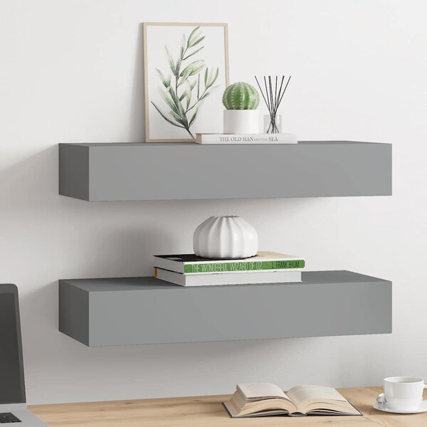 2 db szürke MDF falra szerelhető fiókos polc 60 x 23,5 x 10 cm