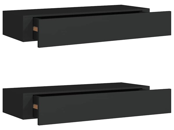 2 db fekete MDF falra szerelhető fiókos polc 60 x 23,5 x 10 cm