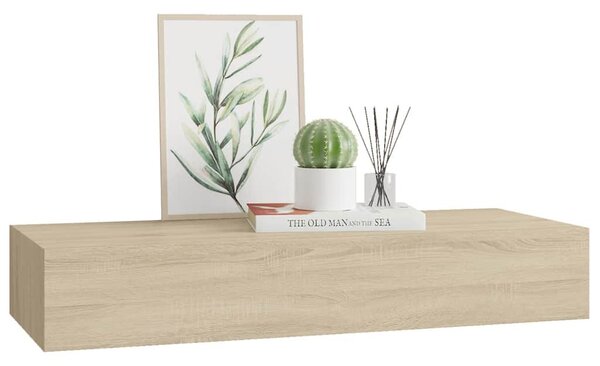 Tölgyszínű MDF falra szerelhető fiókos polc 60 x 23,5 x 10 cm