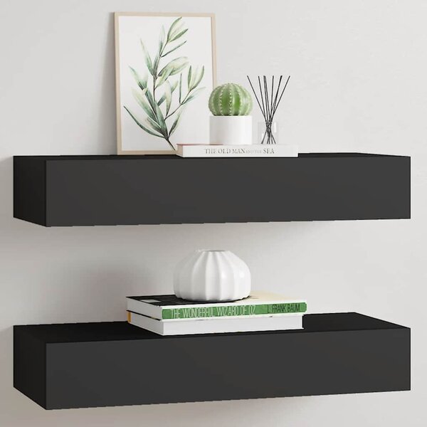 2 db fekete MDF falra szerelhető fiókos polc 60 x 23,5 x 10 cm