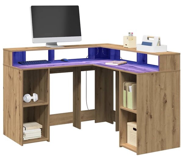 Kézműves tölgy színű szerelt fa LED-es íróasztal 130x130x91 cm