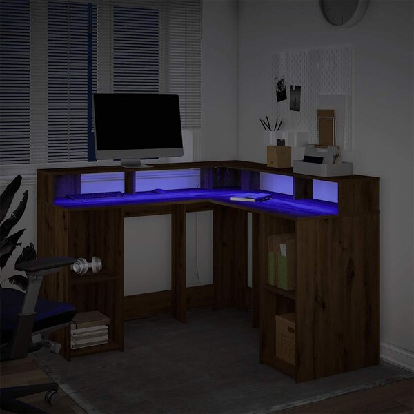 Kézműves tölgy színű szerelt fa LED-es íróasztal 130x130x91 cm