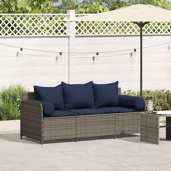 3 személyes szürke polyrattan kerti kanapé párnával
