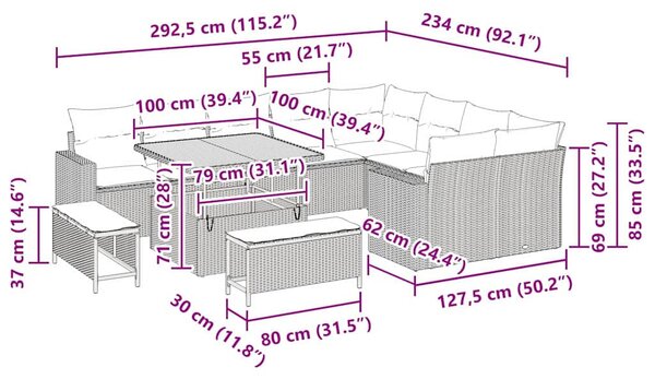 Kerti Kanapé Szett párnával 13 pcs Fekete polirattan