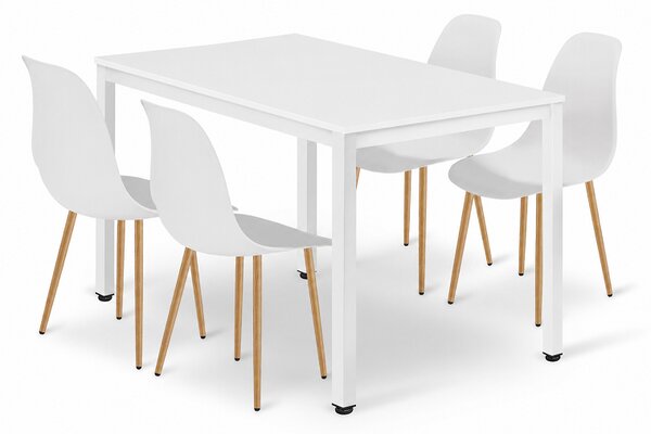 Szett: Étkezőasztal TESSA 120×60 fehér/fehér + 4 db WAT szék, fehér/natúr lábak
